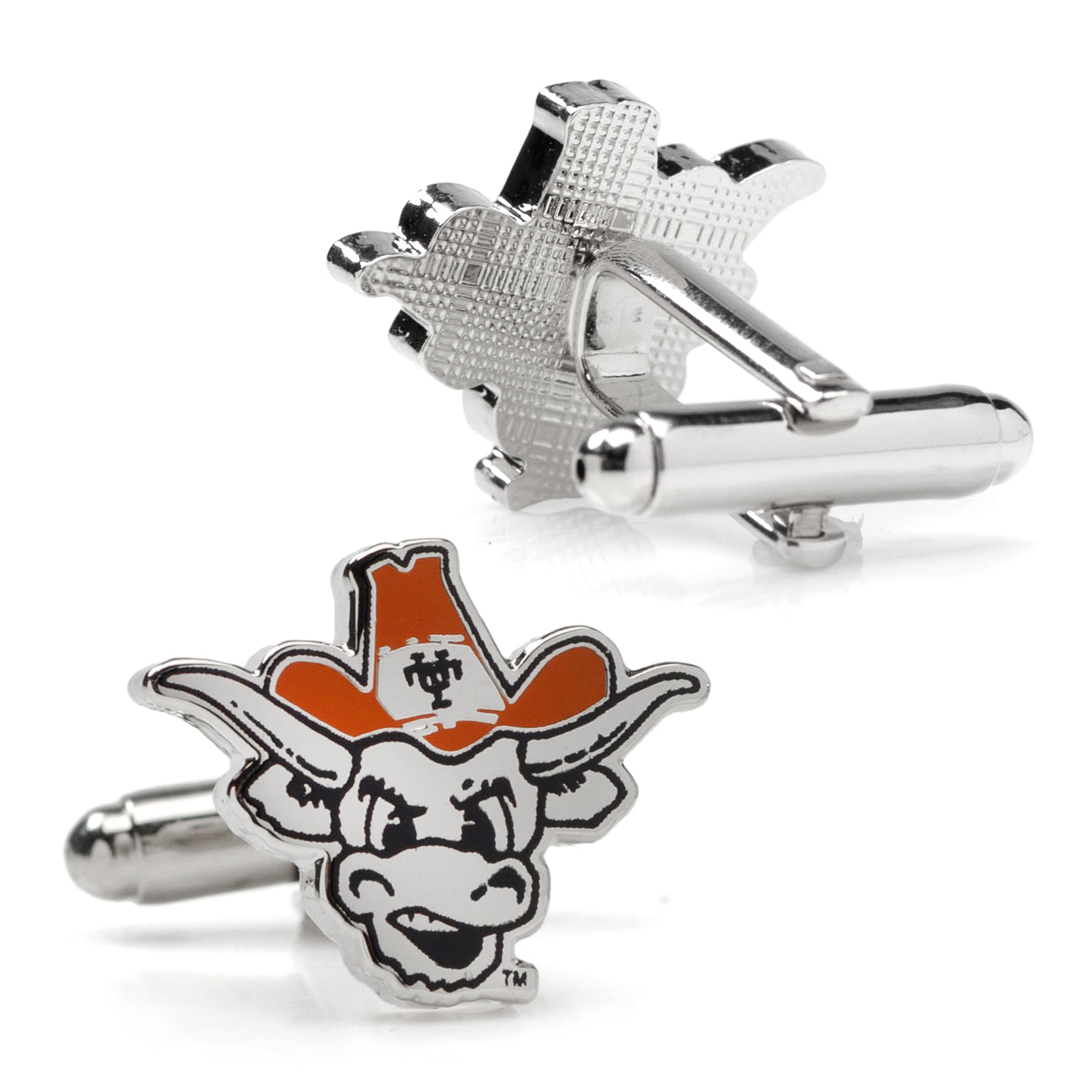 Show your team spirit with NCAA University of Texas Bevo Cufflinks by Cufflinks.com, featuring a cartoon longhorn steer in an orange cowboy hat with "UT" on the front—perfect for any Bevo fan!.