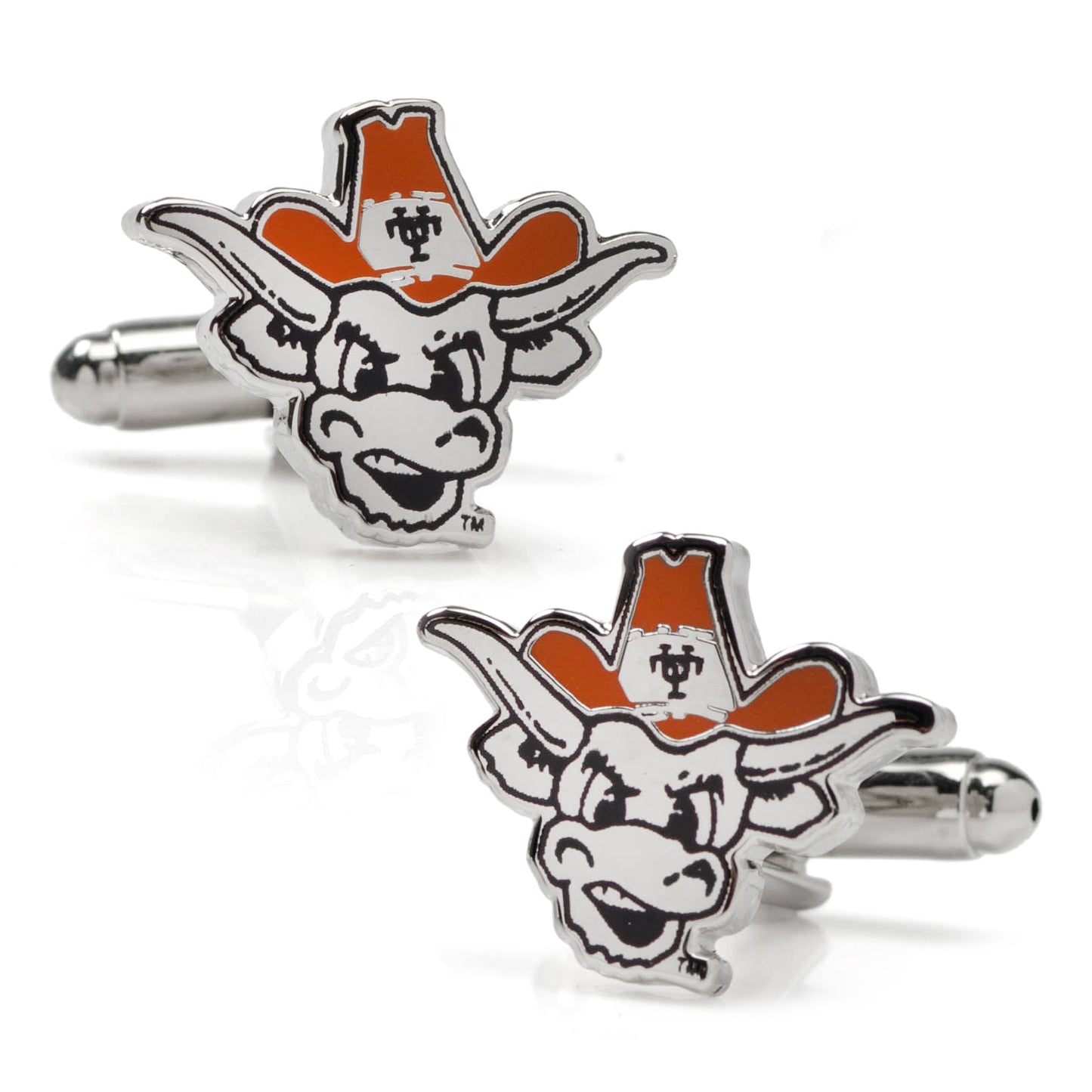 Show your team spirit with NCAA University of Texas Bevo Cufflinks by Cufflinks.com, featuring a cartoon longhorn steer in an orange cowboy hat with "UT" on the front—perfect for any Bevo fan!.