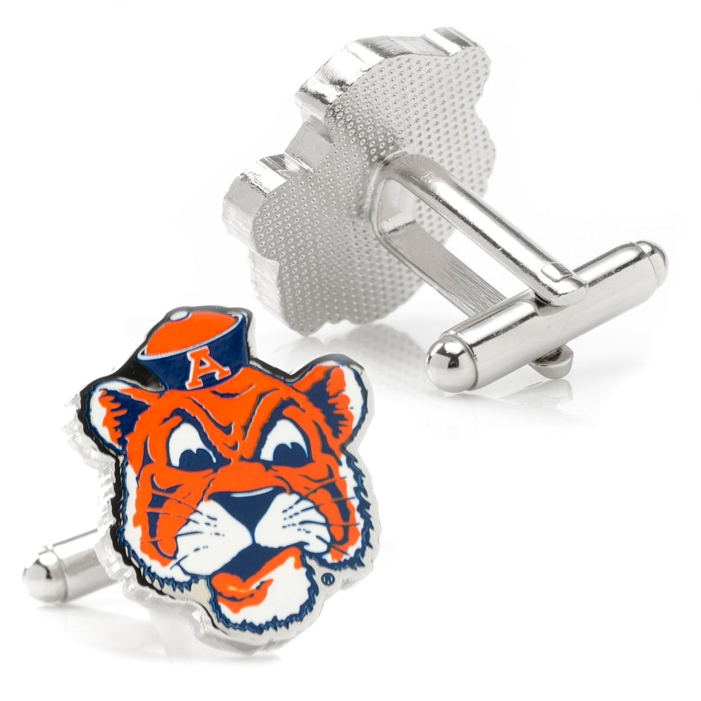 Cufflinks.com NCAA Auburn University Tigers Throwback Cufflinks showcase a vintage orange tiger mascot in a blue hat with an orange "A," set against a sleek silver background.
