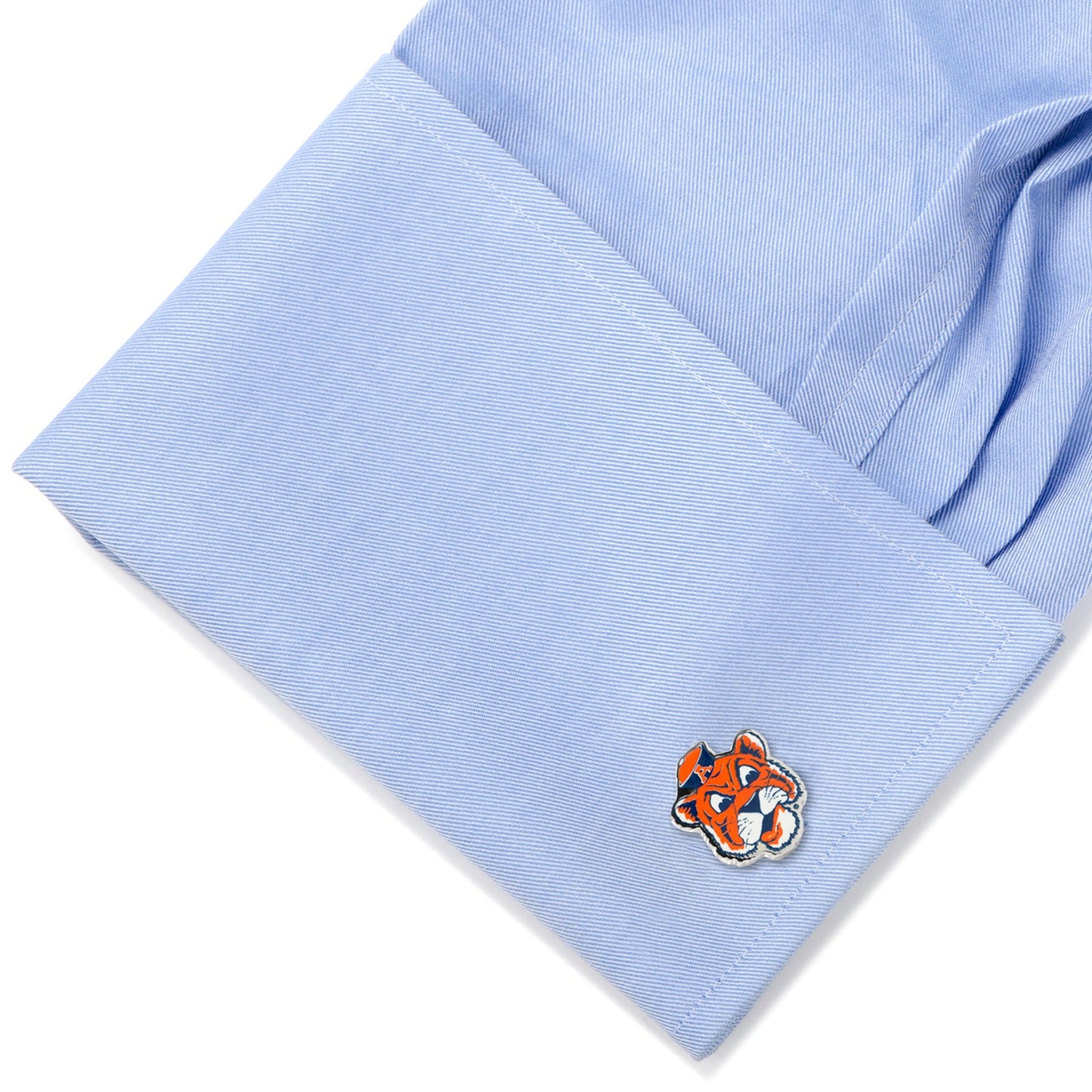 Cufflinks.com NCAA Auburn University Tigers Throwback Cufflinks showcase a vintage orange tiger mascot in a blue hat with an orange "A," set against a sleek silver background.