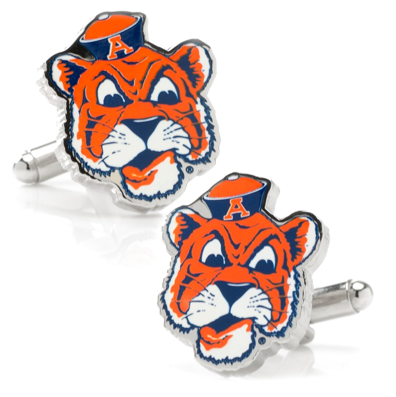 Cufflinks.com NCAA Auburn University Tigers Throwback Cufflinks showcase a vintage orange tiger mascot in a blue hat with an orange "A," set against a sleek silver background.