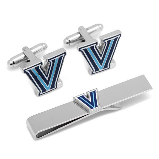 The NCAA Villanova University Cufflinks and Tie Bar Gift Set by Cufflinks.com features a blue and white "V"—a perfect gift for any Wildcats fan.
