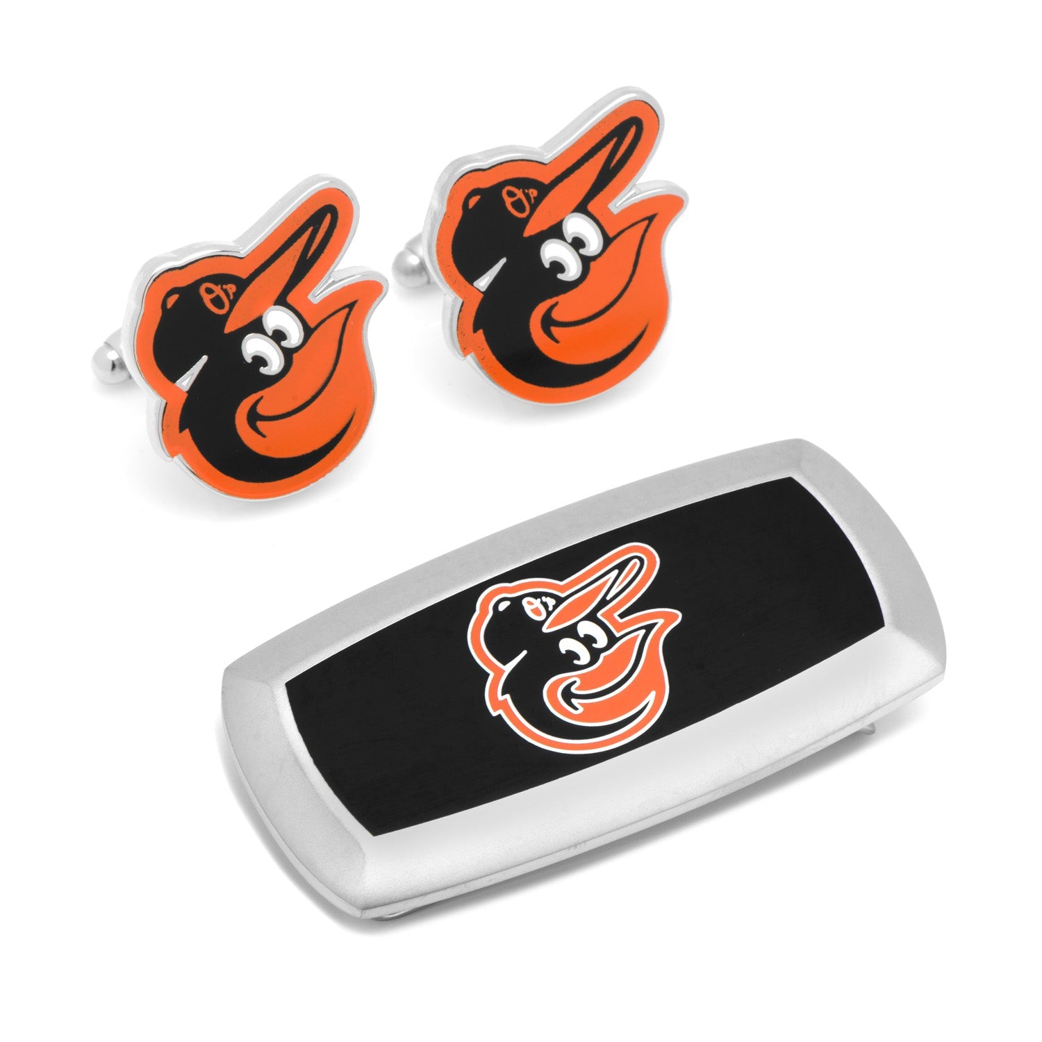 The Cufflinks.com MLB Baltimore Orioles Gift Set includes team logo cufflinks and a cushion money clip, making it a stylish gift for fans.