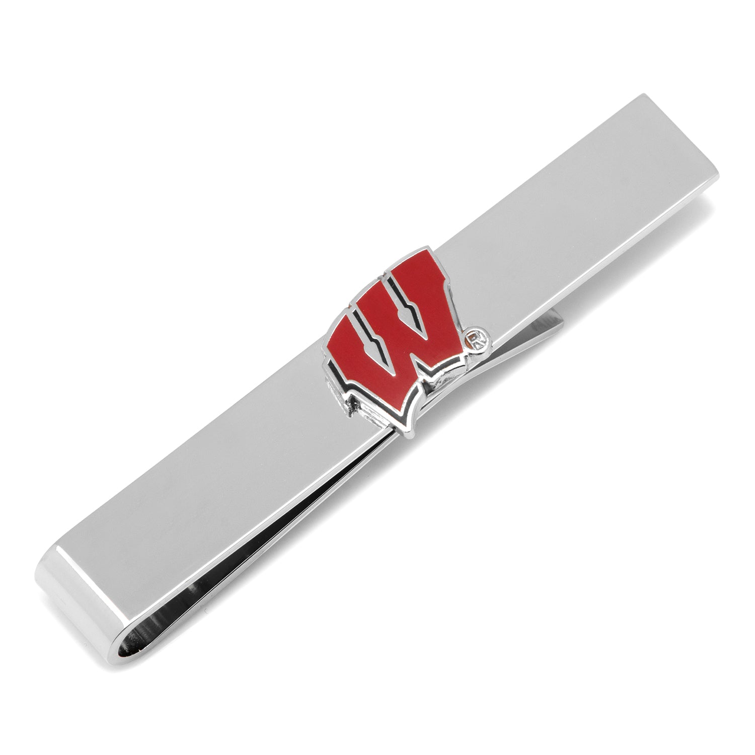 The NCAA University of Wisconsin Badgers Cufflinks and Tie Bar Set by Cufflinks.com features silver pieces with a red "W" logo on white—an ideal gift for any Wisconsin fan.