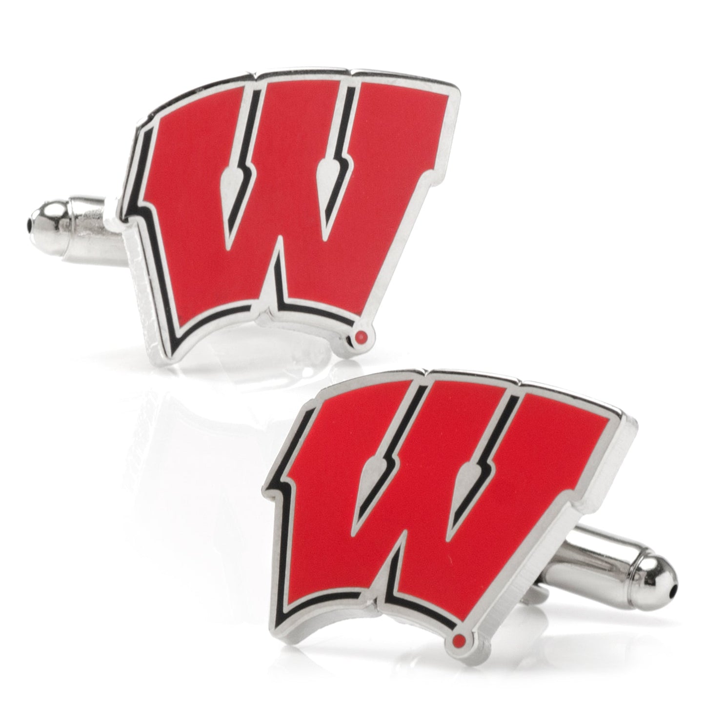 The NCAA University of Wisconsin Badgers Cufflinks and Tie Bar Set by Cufflinks.com features silver pieces with a red "W" logo on white—an ideal gift for any Wisconsin fan.