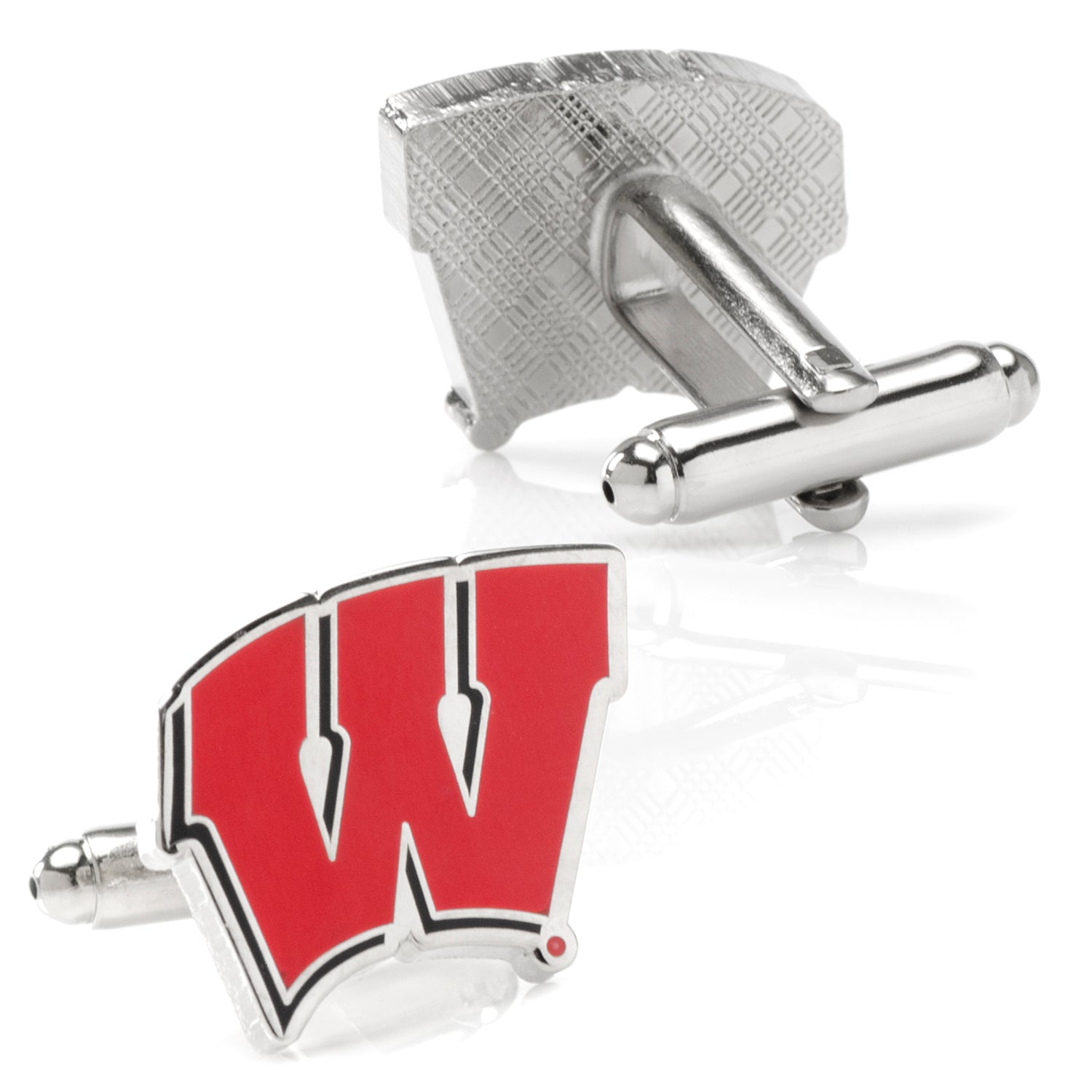 The NCAA University of Wisconsin Badgers Cufflinks and Tie Bar Set by Cufflinks.com features silver pieces with a red "W" logo on white—an ideal gift for any Wisconsin fan.