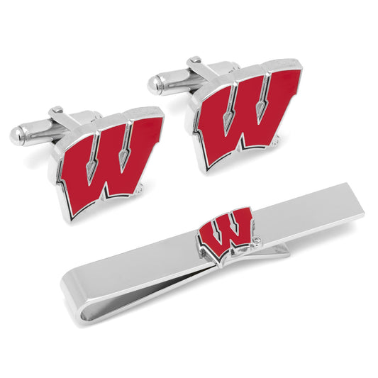 The NCAA University of Wisconsin Badgers Cufflinks and Tie Bar Set by Cufflinks.com features silver pieces with a red "W" logo on white—an ideal gift for any Wisconsin fan.