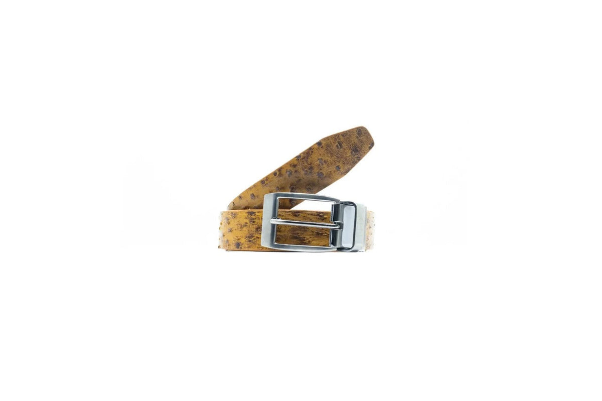 The Domenico Belt Antique Paja by Marco Di Milano is a light brown genuine ostrich belt with a silver rectangular buckle, featuring the brand’s signature logo on the metal—a refined accessory that perfectly complements luxury footwear.