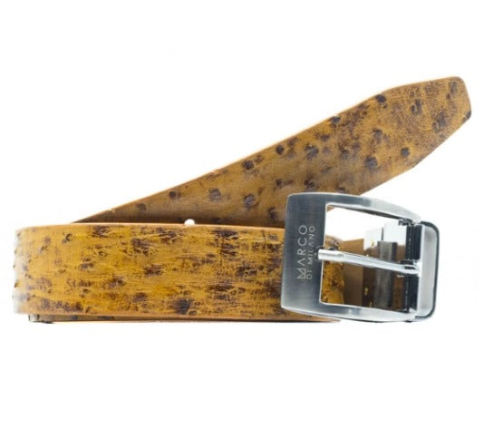 The Domenico Belt Antique Paja by Marco Di Milano is a light brown genuine ostrich belt with a silver rectangular buckle, featuring the brand’s signature logo on the metal—a refined accessory that perfectly complements luxury footwear.