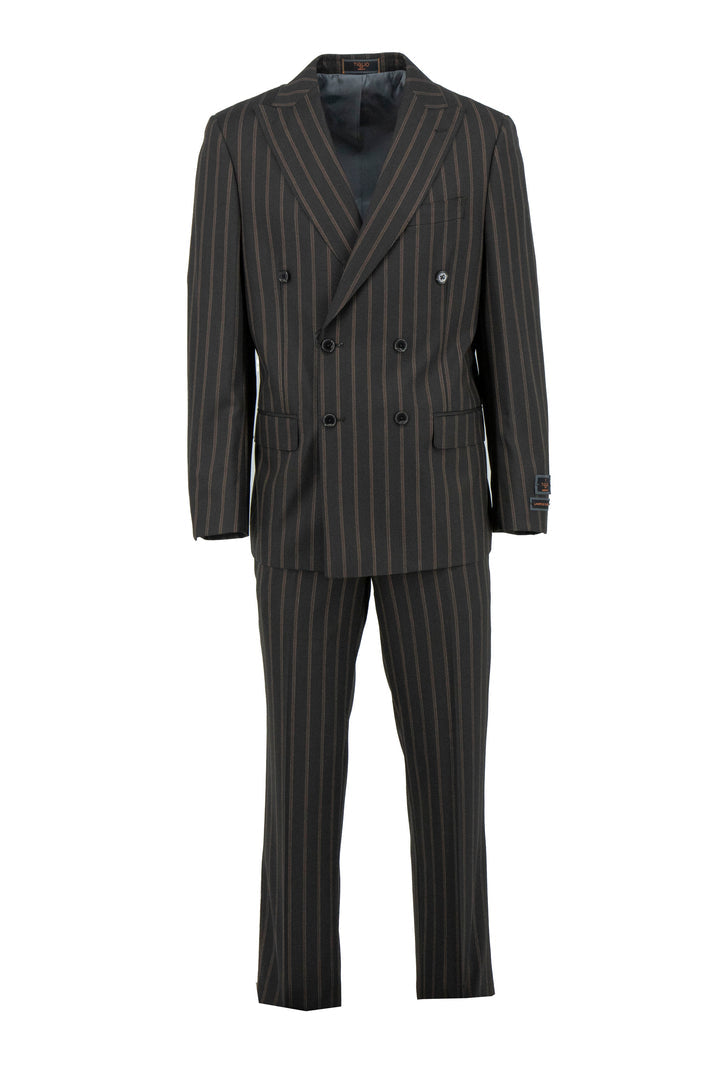 The Tiglio Luxe Pistoia TL3170 is a modern fit pure wool men’s suit in brown with light brown pinstripes, featuring notch lapels and matching trousers—a sophisticated choice in men’s fashion.