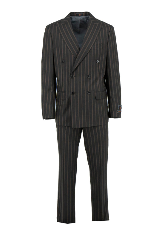 The Tiglio Luxe Pistoia TL3170 is a modern fit pure wool men’s suit in brown with light brown pinstripes, featuring notch lapels and matching trousers—a sophisticated choice in men’s fashion.