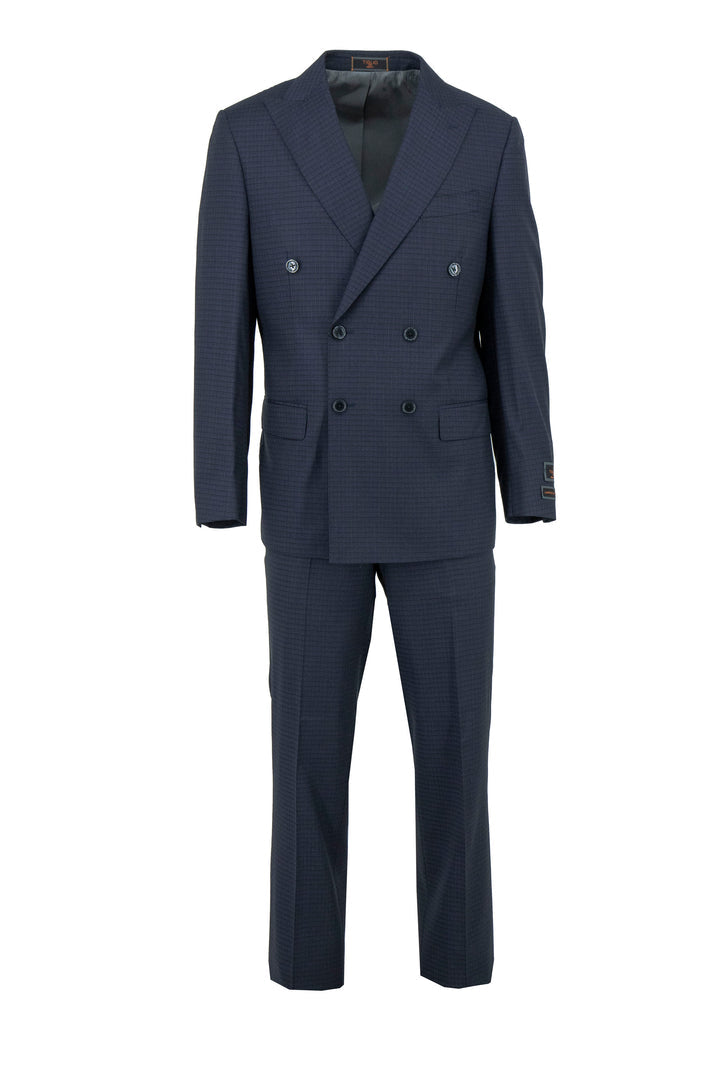 The Tiglio Luxe Navy with Micro Design Pistoia Modern Fit Pure Wool Men’s Suit TL3711 features a subtle pattern, matching trousers, and black buttons, crafted from premium Italian wool and shown on a white background.