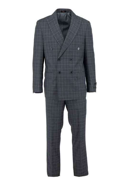 The Tiglio Luxe Gray with Light Gray Windowpane Pistoia TL5278 is a modern fit pure wool men’s suit featuring a subtle plaid pattern, wide lapels, and matching trousers, displayed on a white background.