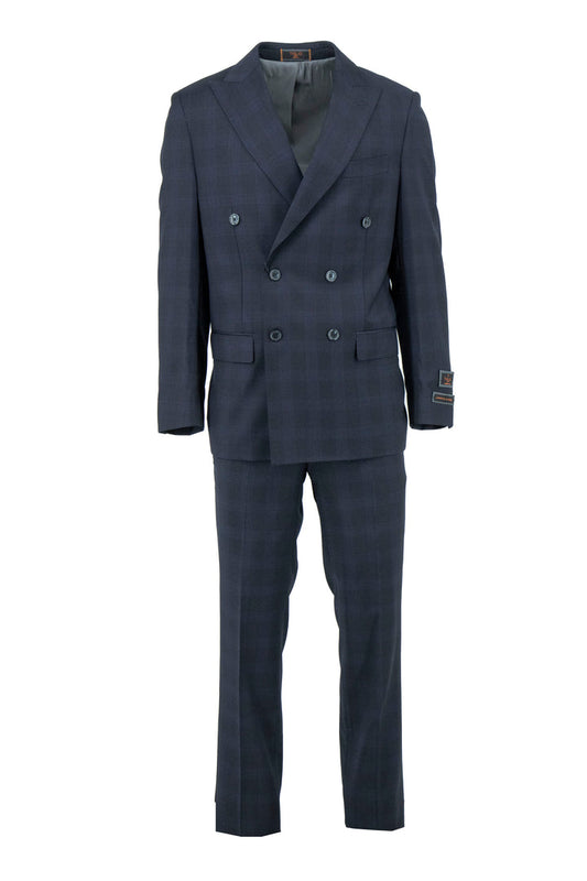 The Tiglio Luxe Black and Light Blue Windowpane Pistoia Modern Fit Pure Wool Men’s Suit (TL7072) features a blazer and matching trousers in a stylish windowpane pattern, shown on a white background.