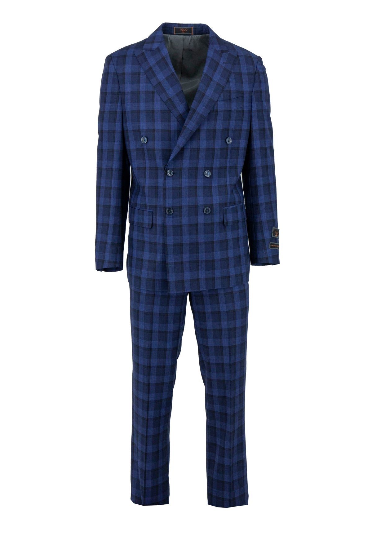 Tiglio Luxe Blue and Black Plaid Pistoia Modern Fit Pure Wool Men’s Suit TL7501, featuring a double-breasted jacket and matching trousers, exemplifies the refinement of luxury men’s clothing by Tiglio Luxe; displayed on a white background.