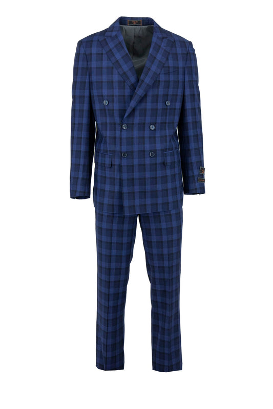 Tiglio Luxe Blue and Black Plaid Pistoia Modern Fit Pure Wool Men’s Suit TL7501, featuring a double-breasted jacket and matching trousers, exemplifies the refinement of luxury men’s clothing by Tiglio Luxe; displayed on a white background.