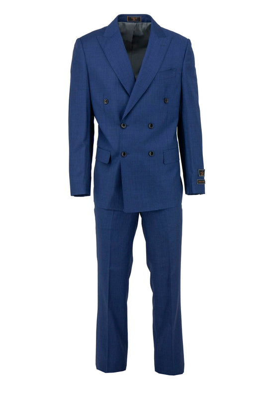 The Tiglio Luxe Blue Sharkskin Pistoia TS4066/2 is a modern fit pure wool men’s suit featuring a double-breasted design with notch lapels, black buttons, and matching trousers, crafted from fine Italian fabrics.