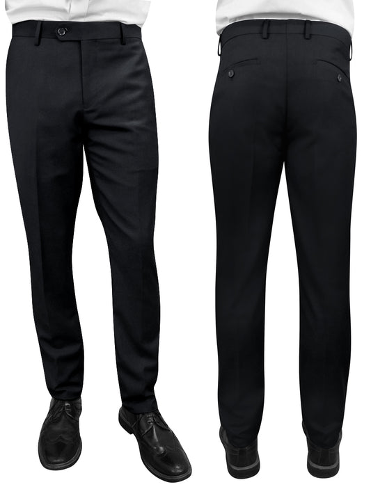 A front and back view of a person wearing Statement Clothing's SLIM FIT PANTS PL-100-BLACK, styled with black shoes.