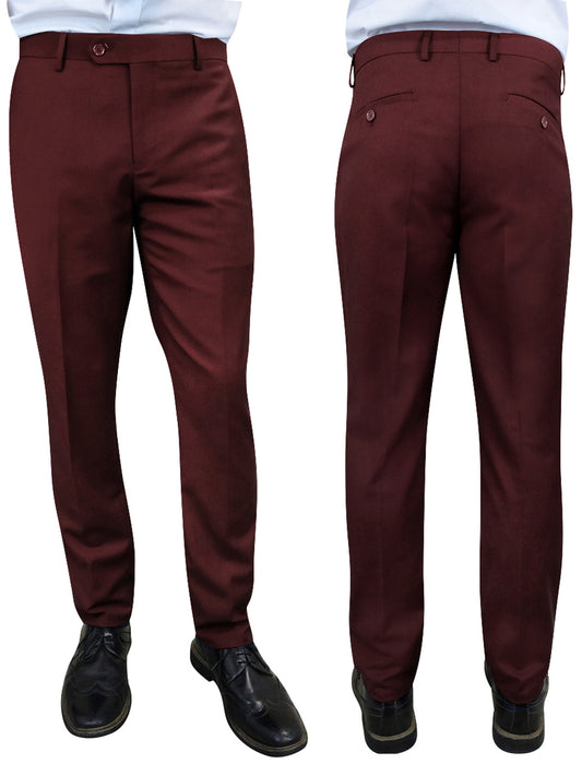 Front and back view of the STATEMENT CLOTHING | SLIM FIT PANTS PL-100-BURGUNDY being worn, paired with black shoes and a white shirt.