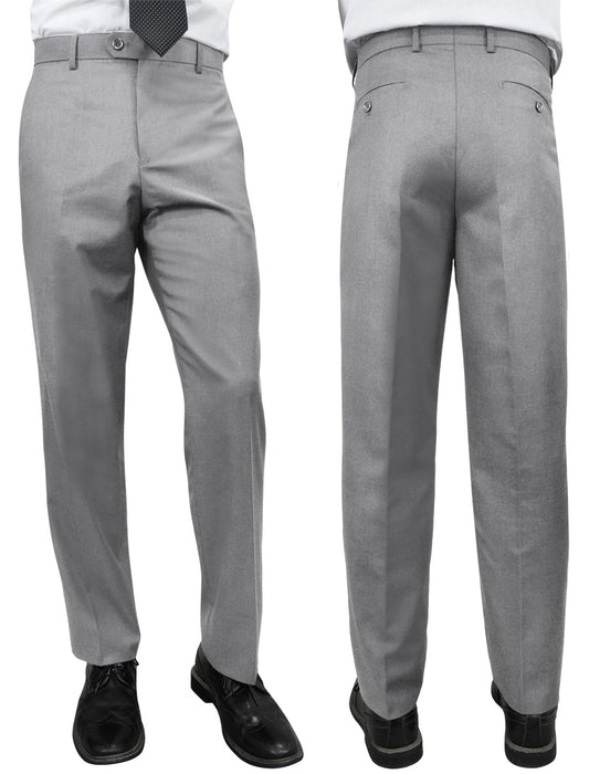 Two perspectives showcasing an individual dressed in Statement Clothing's slim fit gray pants, model number PL-100-GREY, paired with black shoes. The elegant flat front design is visible from both the front and back views.