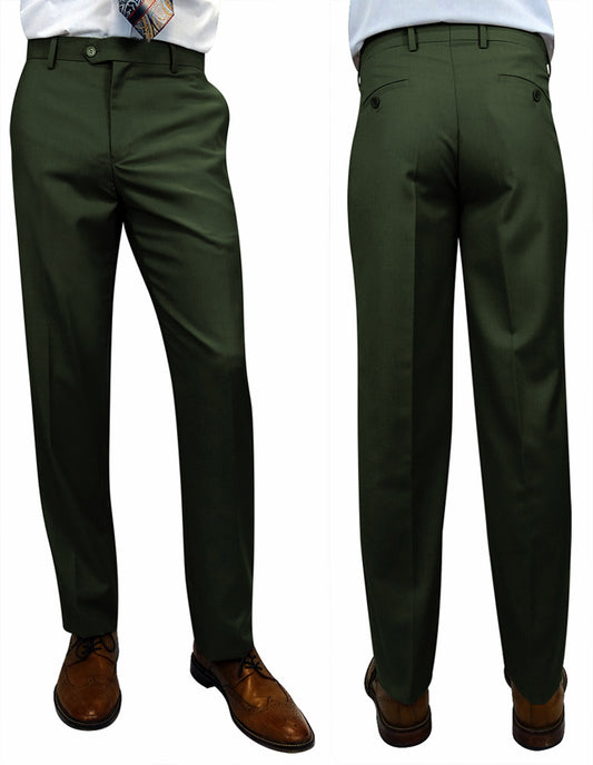 A view from the front and back of someone wearing hunter green Statement Clothing slim fit pants, style number PL-100-HUNTER, paired with brown dress shoes.