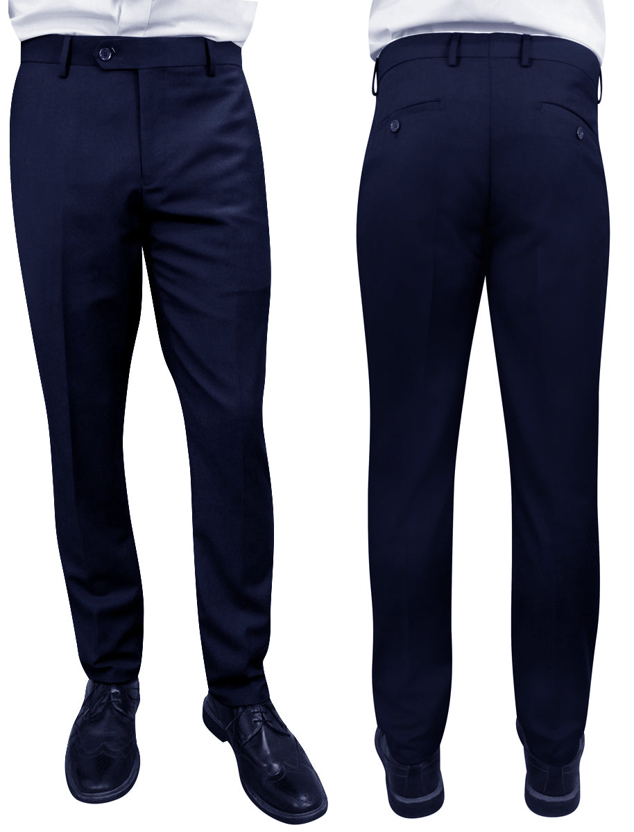 Front and back views of a person wearing navy SLIM FIT PANTS PL-100-NAVY from Statement Clothing, paired with black shoes and a crisp white shirt tucked in.