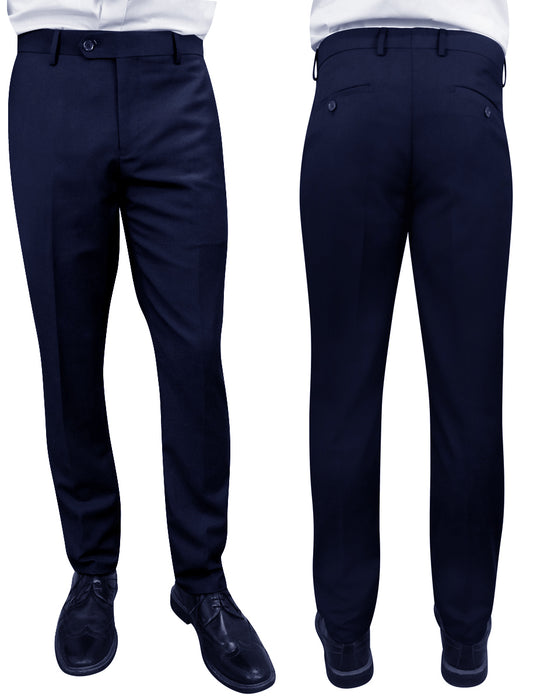 Front and back views of a person wearing navy SLIM FIT PANTS PL-100-NAVY from Statement Clothing, paired with black shoes and a crisp white shirt tucked in.
