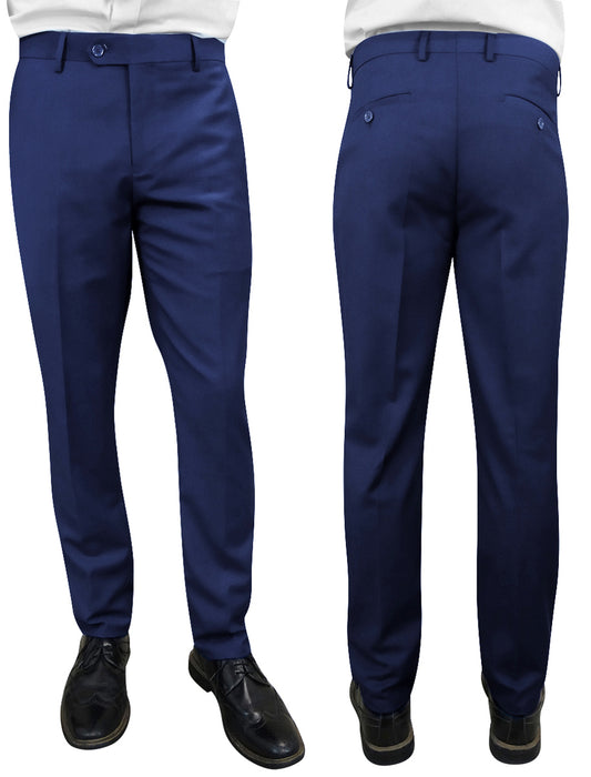 Front and back view of a person wearing the STATEMENT CLOTHING | SLIM FIT PANTS PL-100-SAPPHIRE paired with black shoes on a white background.