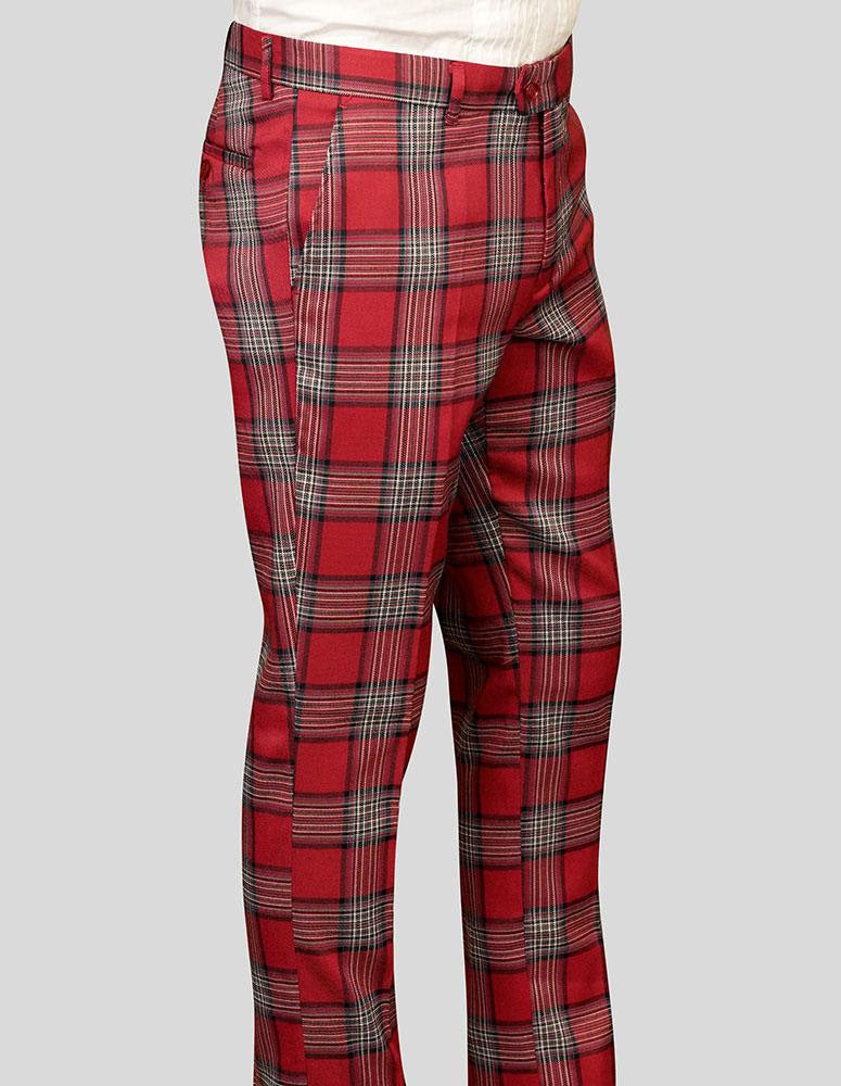 A person wearing Statement Clothing's PL-301-RED plaid slim fit pants stands against a neutral background.