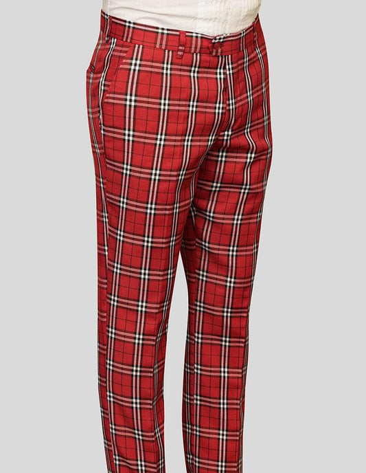 A person wearing the Statement Clothing Plaid Slim Fit Pants PL-302-RED, featuring a pattern of vertical and horizontal white and black lines.