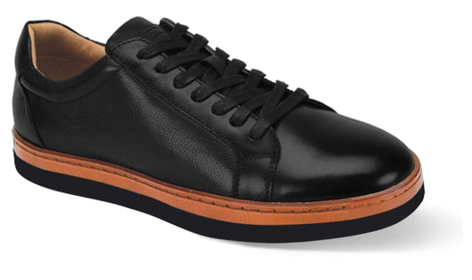 The Giovanni Porter Black Leather Shoes by GIOVANNI are low-top sneakers featuring black leather, black laces, and a brown sole. Highlighted from the side, they boast a sleek leather welt for added style.