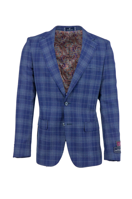 The Tiglio Luxe Azure Blue with Windowpane Porto Slim Fit Pure Wool Blazer (TL8308) showcases luxury menswear with a paisley-patterned lining, displayed on a white background.