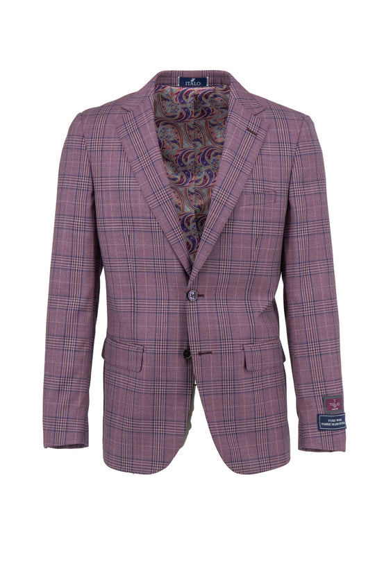 The Tiglio Luxe Mauve with Windowpane Porto Slim Fit Pure Wool Blazer TL8320 features plaid wool, two buttons, flap pockets, and a paisley lining—perfect for those seeking luxury men’s style. Displayed on a white background.