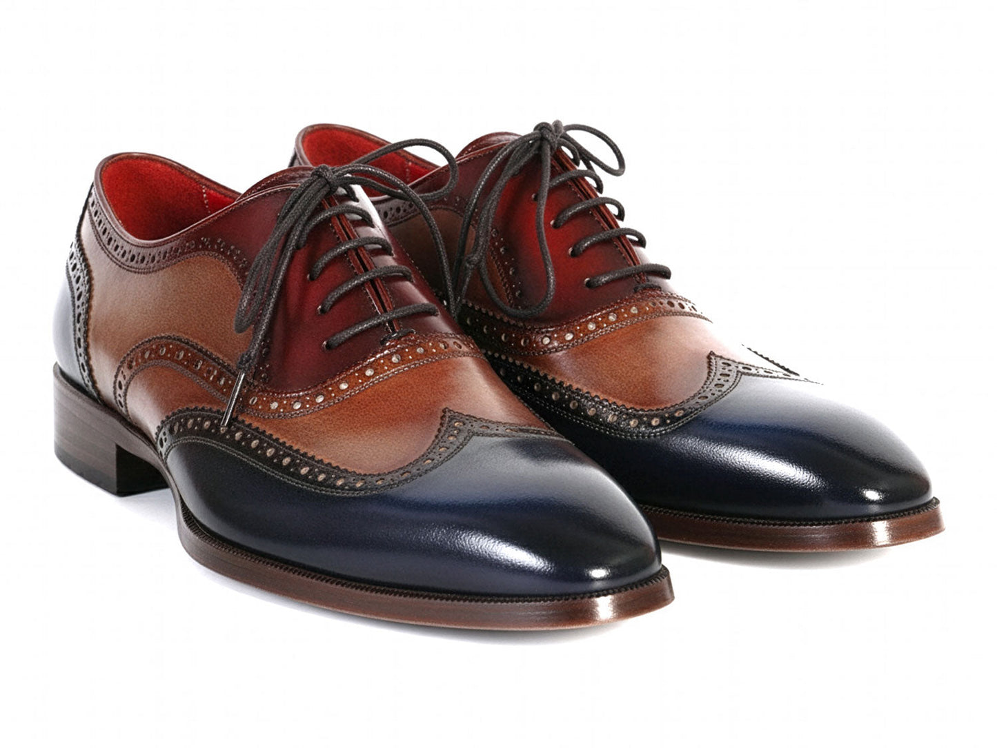 Paul Parkman Three Tone Wingtip Oxfords (PP2278): Hand-painted brown and navy blue leather brogues with decorative details and dark laces, displayed against a white background. Brand: Paul Parkman.