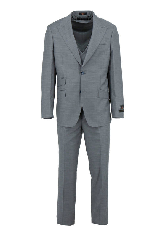 The Tiglio Luxe Light Gray Prosecco Modern Fit Pure Wool Suit & Vest E09063/26 features a blazer, double-breasted vest, and matching trousers, crafted from premium Italian wool and displayed on a white background.