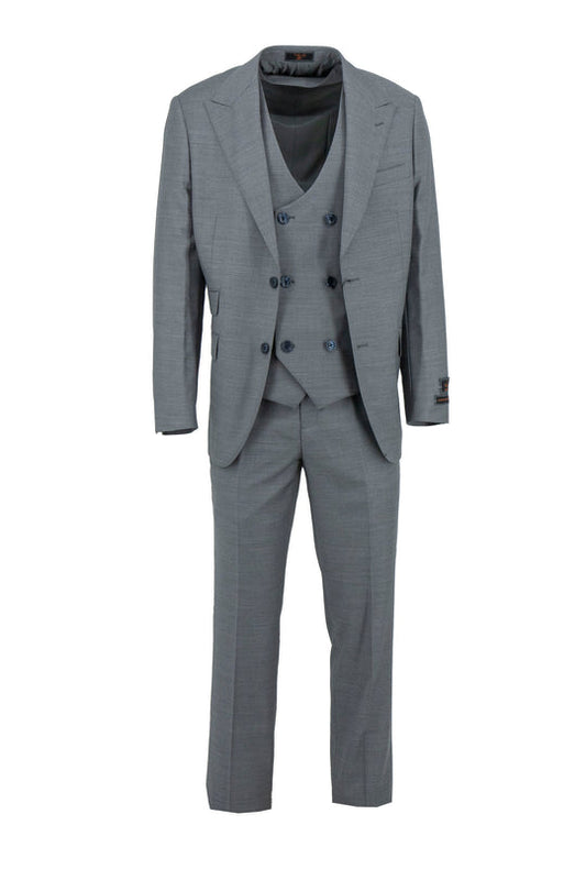 The Tiglio Luxe Light Gray Prosecco Modern Fit Pure Wool Suit & Vest E09063/26 features a blazer, double-breasted vest, and matching trousers, crafted from premium Italian wool and displayed on a white background.