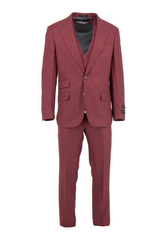 The Tiglio Luxe Raspberry Prosecco suit TL2614 is a modern fit, pure wool three-piece set with blazer, double-breasted vest, and trousers by Tiglio Luxe, shown on a white background.