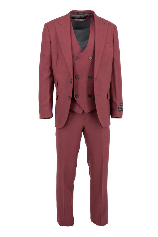 The Tiglio Luxe Raspberry Prosecco suit TL2614 is a modern fit, pure wool three-piece set with blazer, double-breasted vest, and trousers by Tiglio Luxe, shown on a white background.