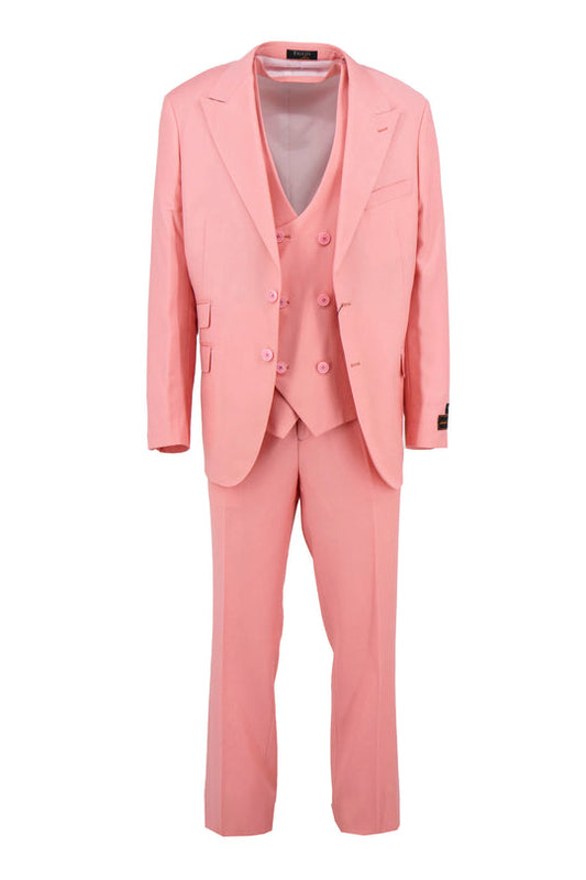 The Tiglio Luxe Coral Prosecco Modern Fit Pure Wool Suit & Vest TL2626 for men features a light pink hue, single-breasted jacket, matching trousers, and vest—all inspired by Italian tailoring and displayed on a white background.