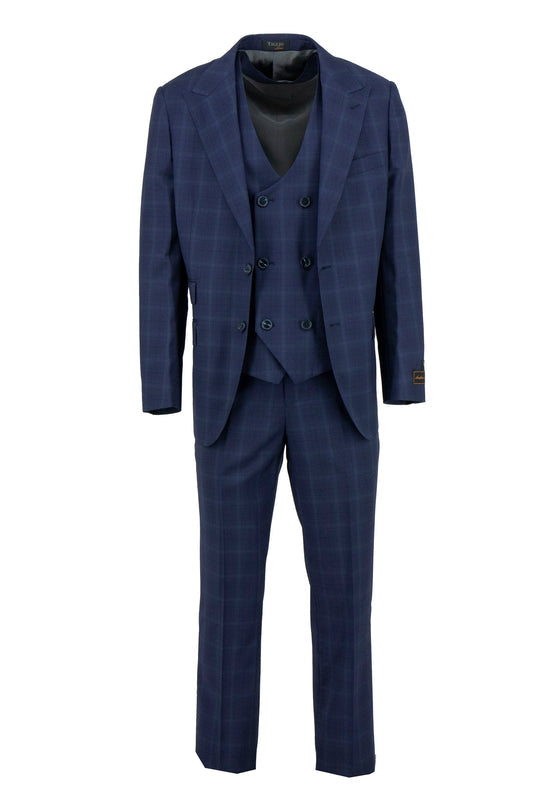 The Tiglio Luxe Navy Plaid Prosecco TL3132 is a modern fit, pure wool men's suit with a double-breasted vest, crafted from refined Italian fabrics for timeless elegance. Displayed on a plain white background.