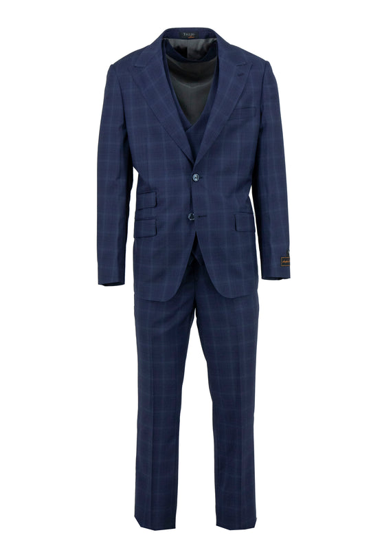 The Tiglio Luxe Navy Plaid Prosecco TL3132 is a modern fit, pure wool men's suit with a double-breasted vest, crafted from refined Italian fabrics for timeless elegance. Displayed on a plain white background.
