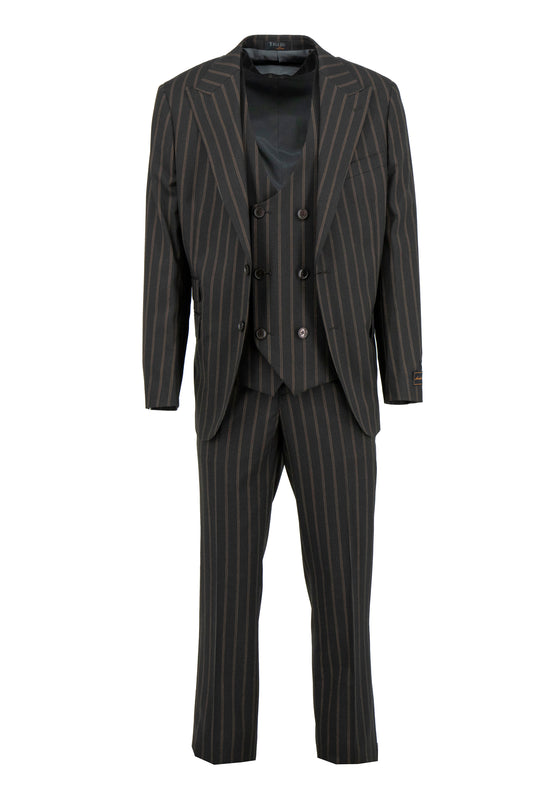 The Tiglio Luxe Brown with Light Brown Pinstripes Prosecco Modern Fit Pure Wool Suit & Vest TL3170 features a three-piece design with peak lapel blazer, vest, and trousers—ideal for tailored menswear enthusiasts. Brand: Tiglio Luxe.