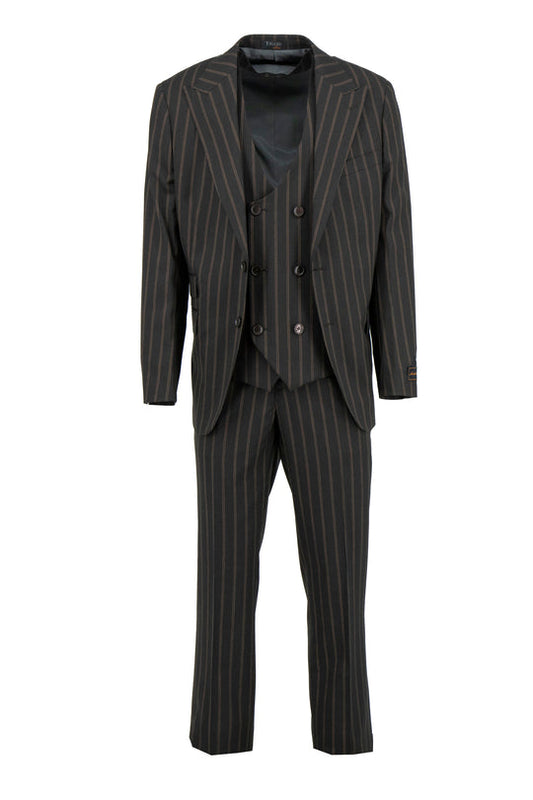 The Tiglio Luxe Brown with Light Brown Pinstripes Prosecco Modern Fit Pure Wool Suit & Vest TL3170 features a three-piece design with peak lapel blazer, vest, and trousers—ideal for tailored menswear enthusiasts. Brand: Tiglio Luxe.
