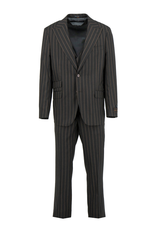 The Tiglio Luxe Brown with Light Brown Pinstripes Prosecco Modern Fit Pure Wool Suit & Vest TL3170 features a three-piece design with peak lapel blazer, vest, and trousers—ideal for tailored menswear enthusiasts. Brand: Tiglio Luxe.