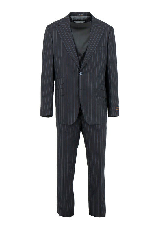 The Tiglio Luxe Black With Blue Pinstripe Prosecco Modern Fit Pure Wool Suit & Vest TL4043 features a jacket, double-breasted vest, and trousers—an elegant example of Italian men’s fashion from Tiglio Luxe.
