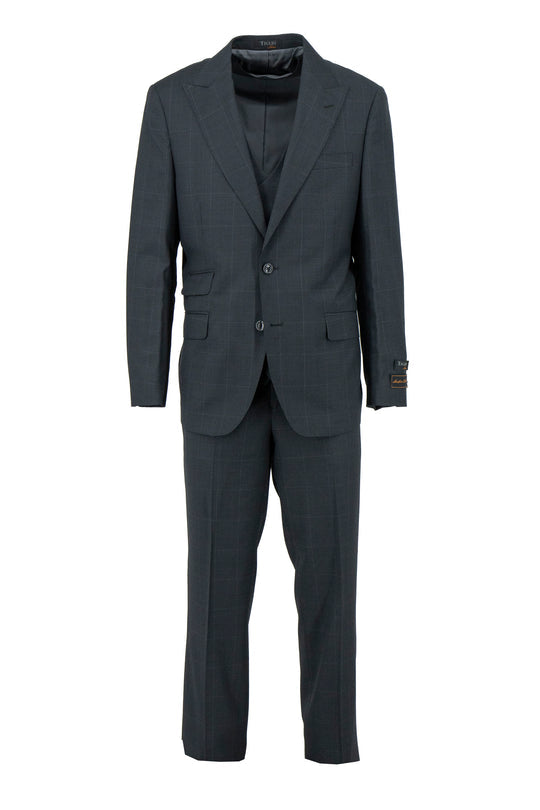 The Tiglio Luxe Black with Grey Micro Design and Windowpane Prosecco, Modern Fit Pure Wool Suit & Vest TL4081 showcases Italian men's style with a single-breasted blazer, double-breasted vest, and matching trousers on an invisible mannequin.