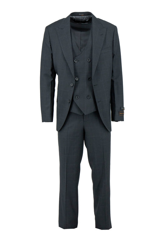 The Tiglio Luxe Black with Grey Micro Design and Windowpane Prosecco, Modern Fit Pure Wool Suit & Vest TL4081 showcases Italian men's style with a single-breasted blazer, double-breasted vest, and matching trousers on an invisible mannequin.