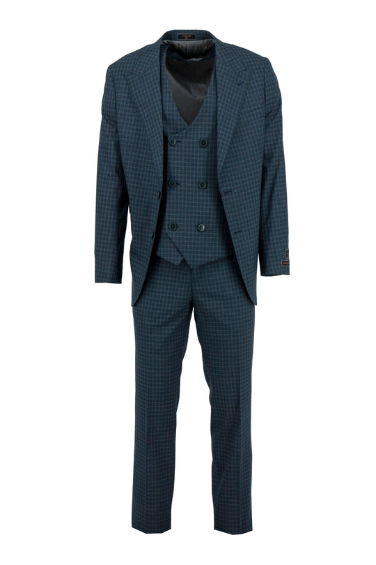 The Tiglio Luxe Navy with Mini Green Windowpane Prosecco Modern Fit Pure Wool Suit & Vest TL4228 features a jacket, double-breasted vest, and matching trousers, shown on a white background.