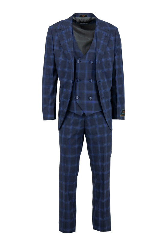 The Tiglio Luxe Navy with Light Blue Plaid Prosecco TL4235 is a modern fit pure wool three-piece suit, featuring a double-breasted vest, matching jacket and trousers, and showcased on a white background.