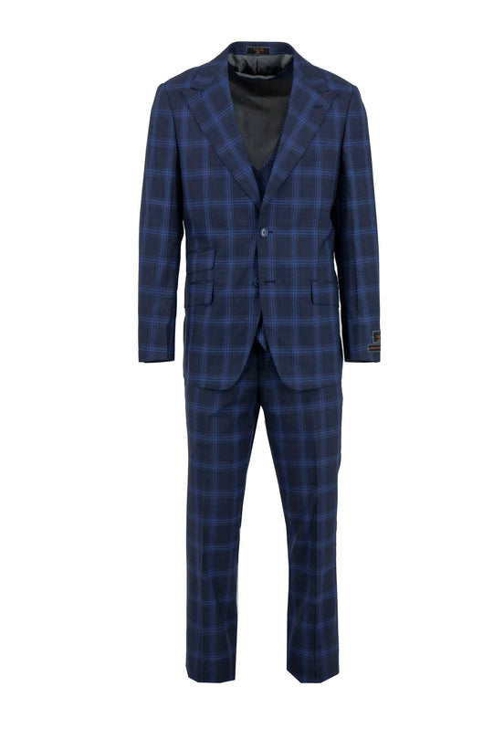 The Tiglio Luxe Navy with Light Blue Plaid Prosecco TL4235 is a modern fit pure wool three-piece suit, featuring a double-breasted vest, matching jacket and trousers, and showcased on a white background.